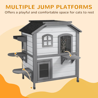 PawHut 2-Story Indoor or Outdoor Cat House W/ Escape Door, Cat Shelter, White 