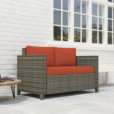 Outsunny Rattan Sofa, 2 Seater Garden Furniture with Soft Padded Cushion and Armrests, Wicker Garden Loveseat for Patio, Grey 