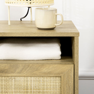 HOMCOM Bedside Table with Rattan Element, Side End Table with Shelf and Cupboard, 39cmx35cmx60cm, Natural 