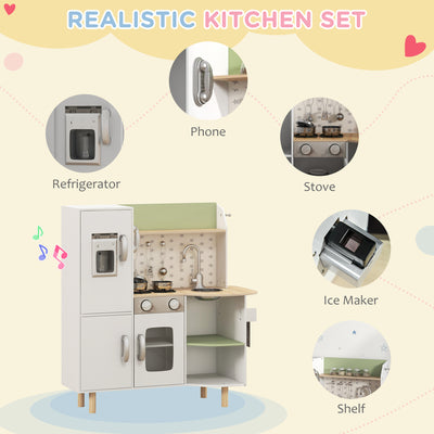 AIYAPLAY Toy Kitchen, Kids Play Kitchen, Role Playing Game with Phone, Ice Maker, Stove, Utensils, for 3-6 Years, White 