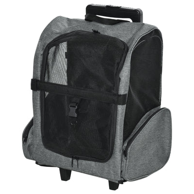 PawHut Pet Travel Backpack Bag Cat Puppy Dog Carrier w/ Trolley and Telescopic Handle Portable Stroller Wheel Luggage Bag (Grey) 