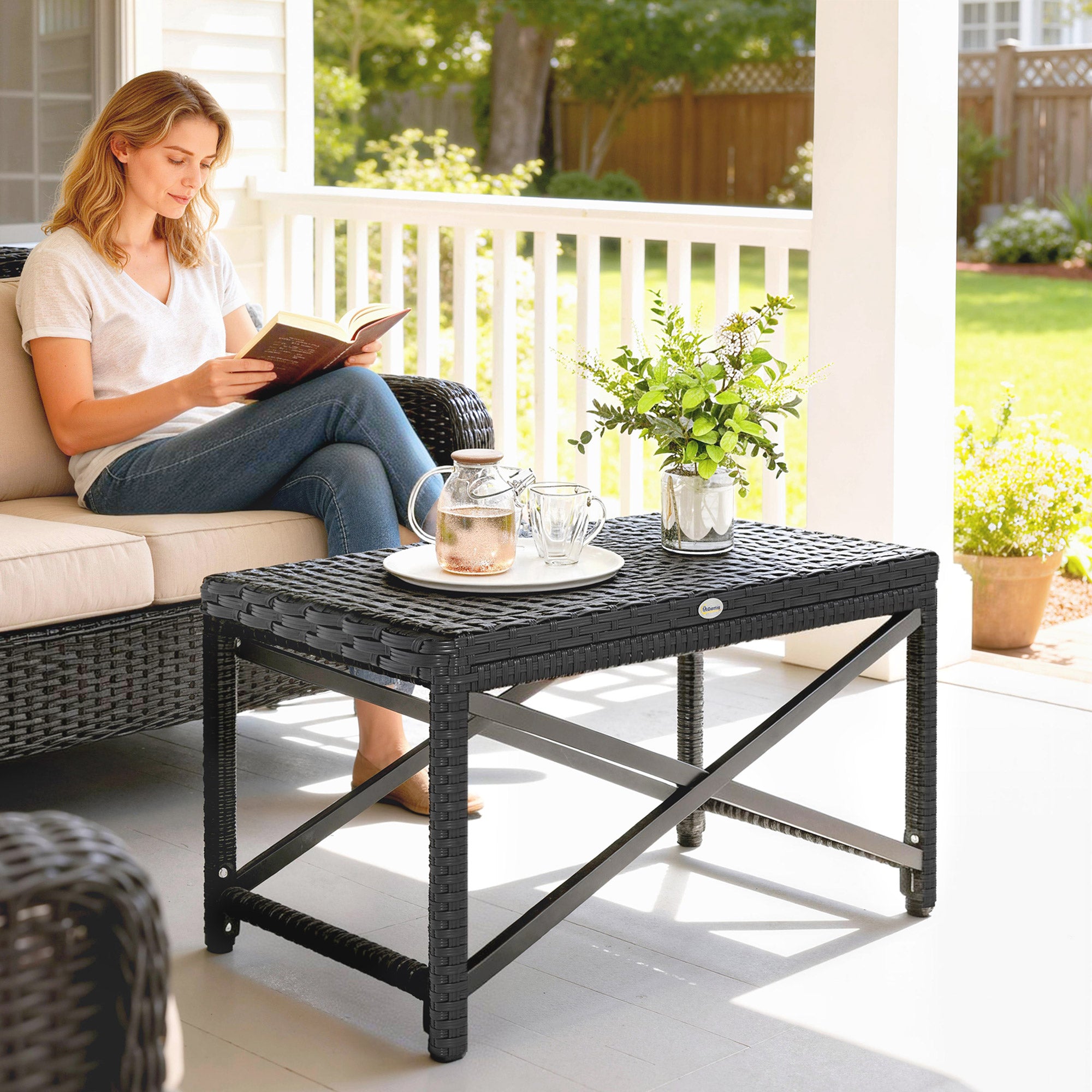 Outsunny Outdoor Coffee Table Side Table with X-Shape Frame for Patio, Balcony, Black 
