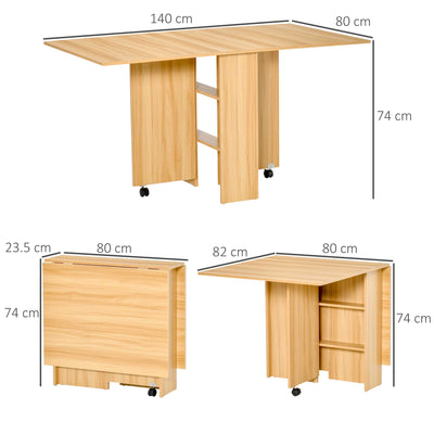HOMCOM Folding Dining Table, Drop Leaf Table for Small Spaces, Foldable Rectangular Tabletop with Storage Shelves for Kitchen, Dining Room, Teak 
