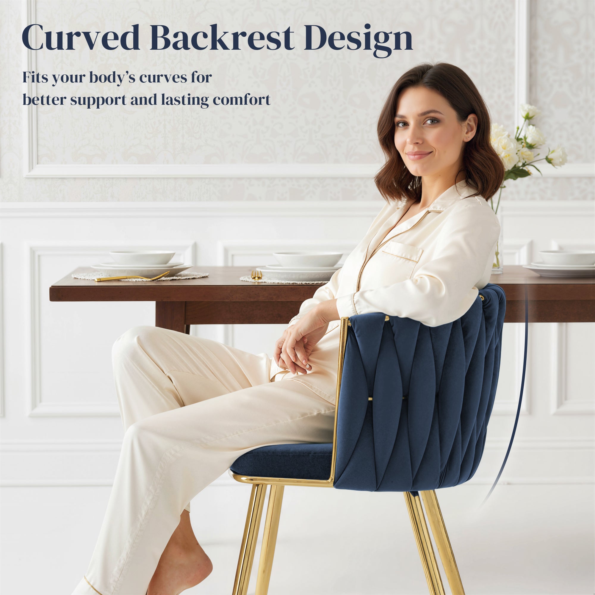 HOMCOM Velvet-Feel Dining Chairs Set of 2, Modern Upholstered Armchair with Knot Design and Golden Metal Legs, Accent Chair for Dining Room, Bedroom, Kitchen, Living Room, Dark Blue 
