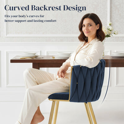 HOMCOM Velvet-Feel Dining Chairs Set of 2, Modern Upholstered Armchair with Knot Design and Golden Metal Legs, Accent Chair for Dining Room, Bedroom, Kitchen, Living Room, Dark Blue 