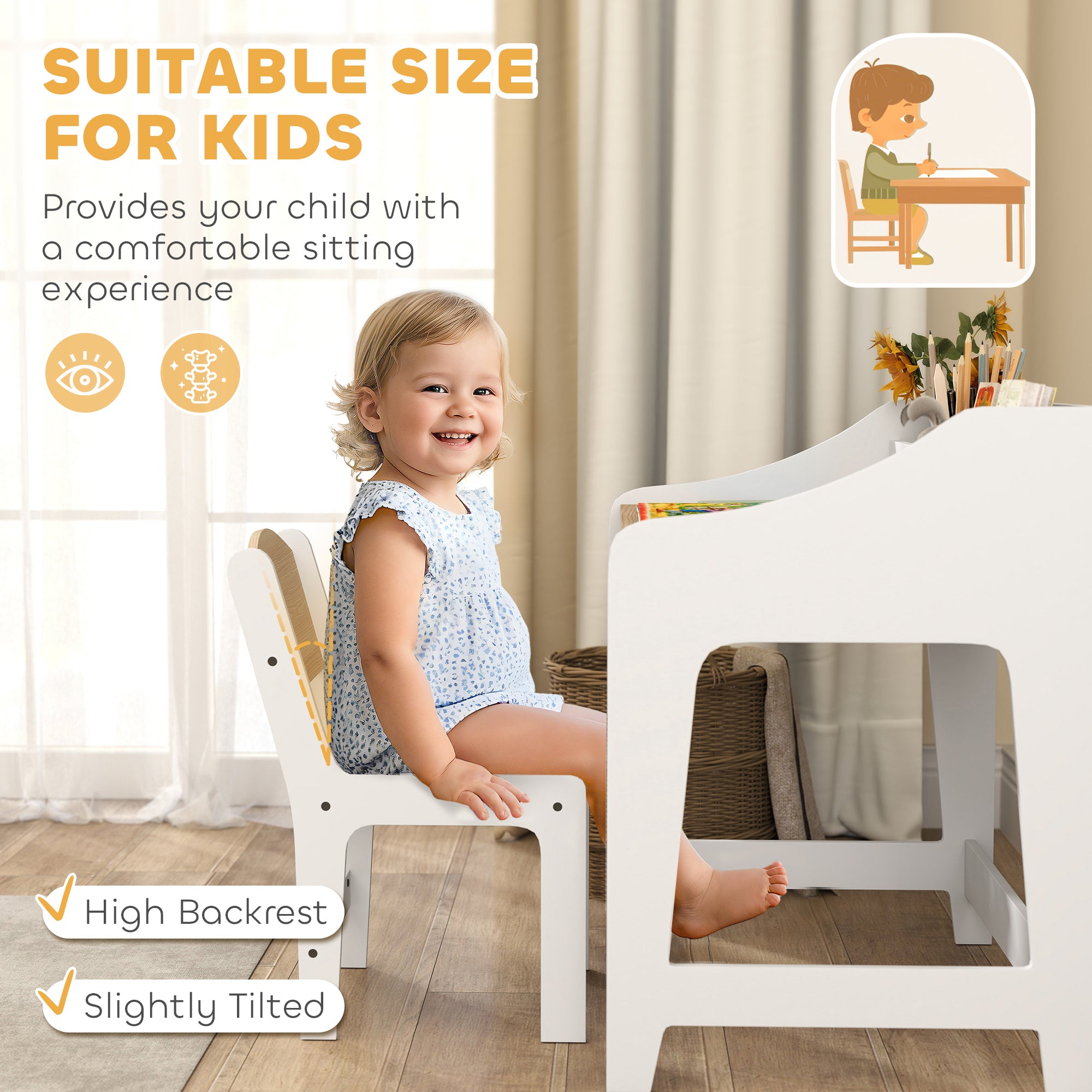 AIYAPLAY Kids Desk and Chair Set, Children Study Table with Storage and Shelves for Study Room, Gift for 3-8 Years, Natural 