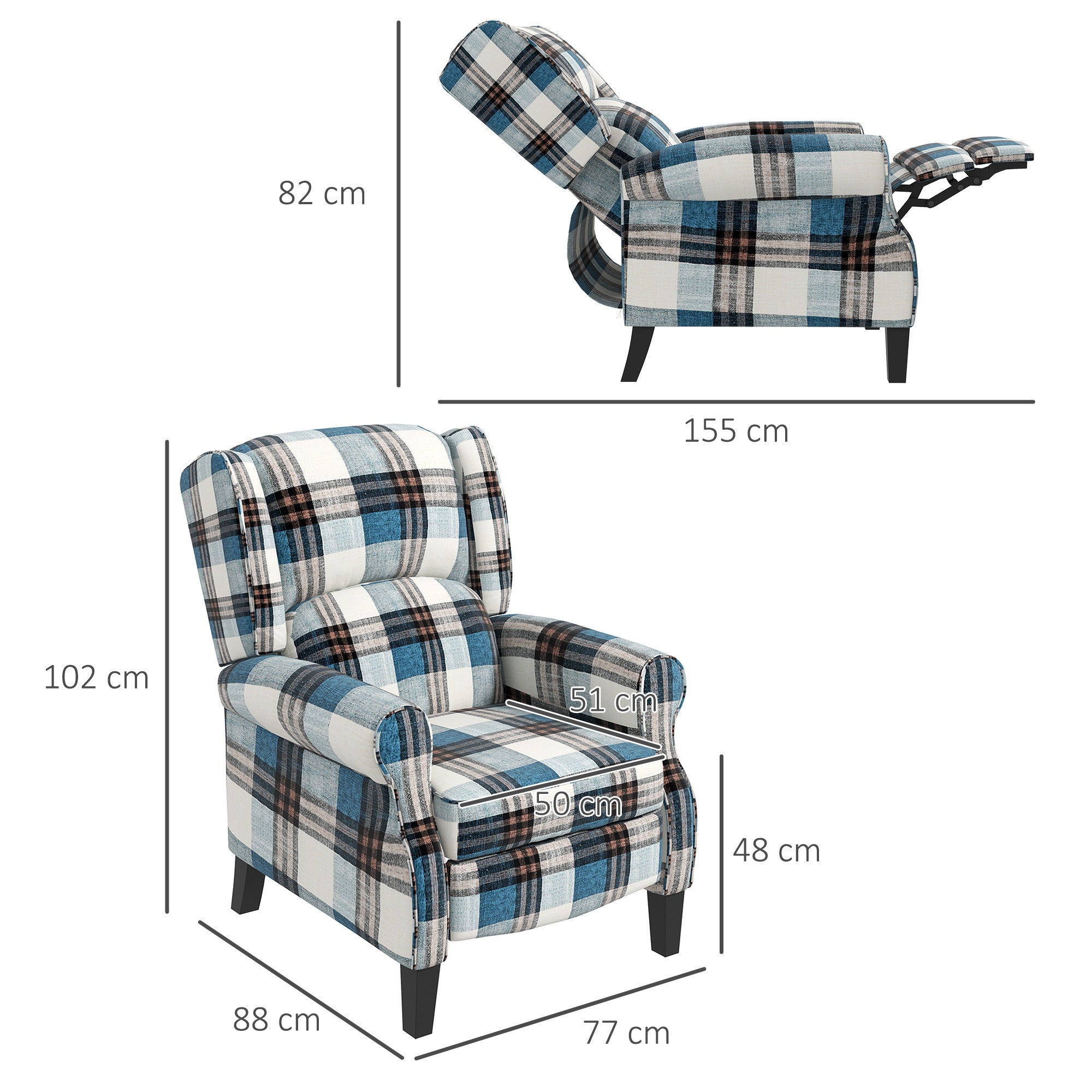 HOMCOM Wingback Reclining Chair Push Back Recliner Armchair for Living Room Bedroom with Footrest Armrests Wood Legs Blue 
