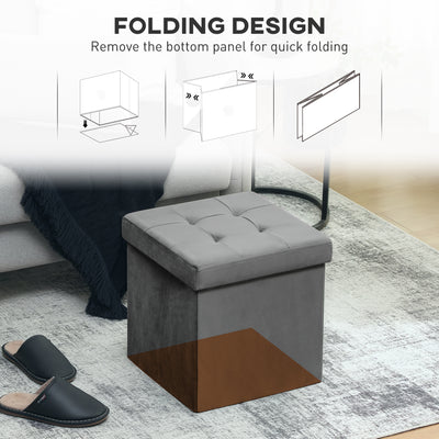 HOMCOM Foldable Velvet-Feel Storage Ottoman - Grey 