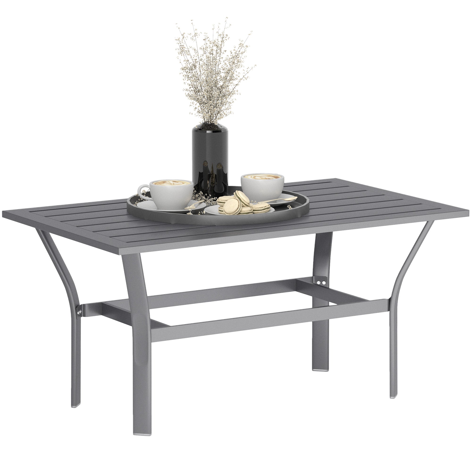 Outsunny Metal Garden Coffee Table, Rectangular Outdoor Side Table with Slatted Tabletop, Foot Pads for Outside, Garden, Balcony, Porch, 91.5 x 55 x 45cm, Dark Grey 