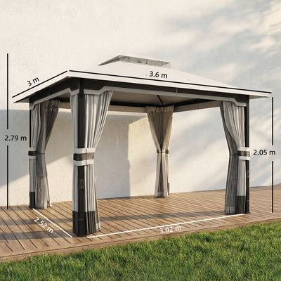 Outsunny 3 x 3.6 m Outdoor Garden Gazebo with Netting and Curtains, Double Roof Patio Gazebo Permanent Pavilion, Light Grey 