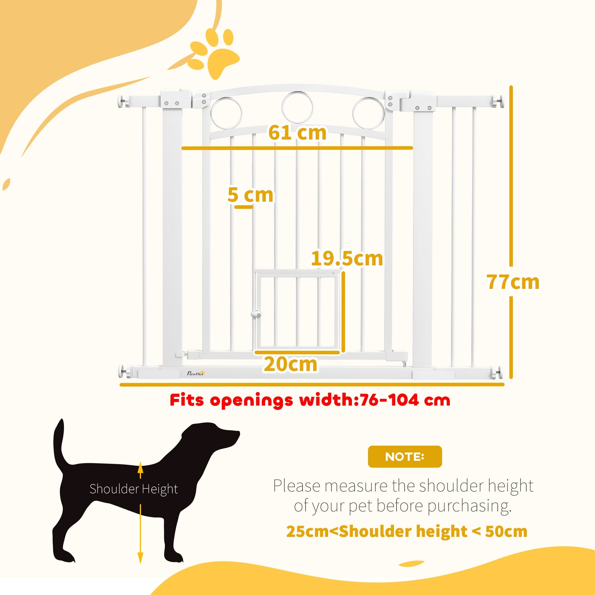 PawHut 77cm Tall Dog Gate with Cat Door, 7cm and 14cm Extensions, for Stairs, Doorways, 76-104cm Width 