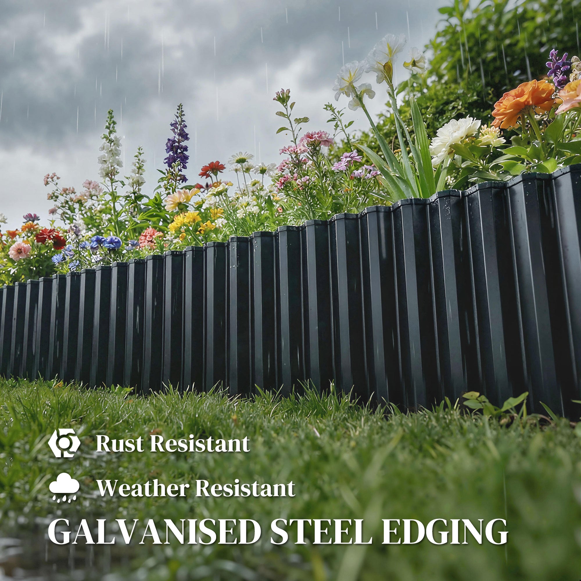 Outsunny Metal Garden Edging Border, 8 in x 21.3 ft Corrugated Heavy Duty Galvanised Steel Lawn Edging, Dark Grey 