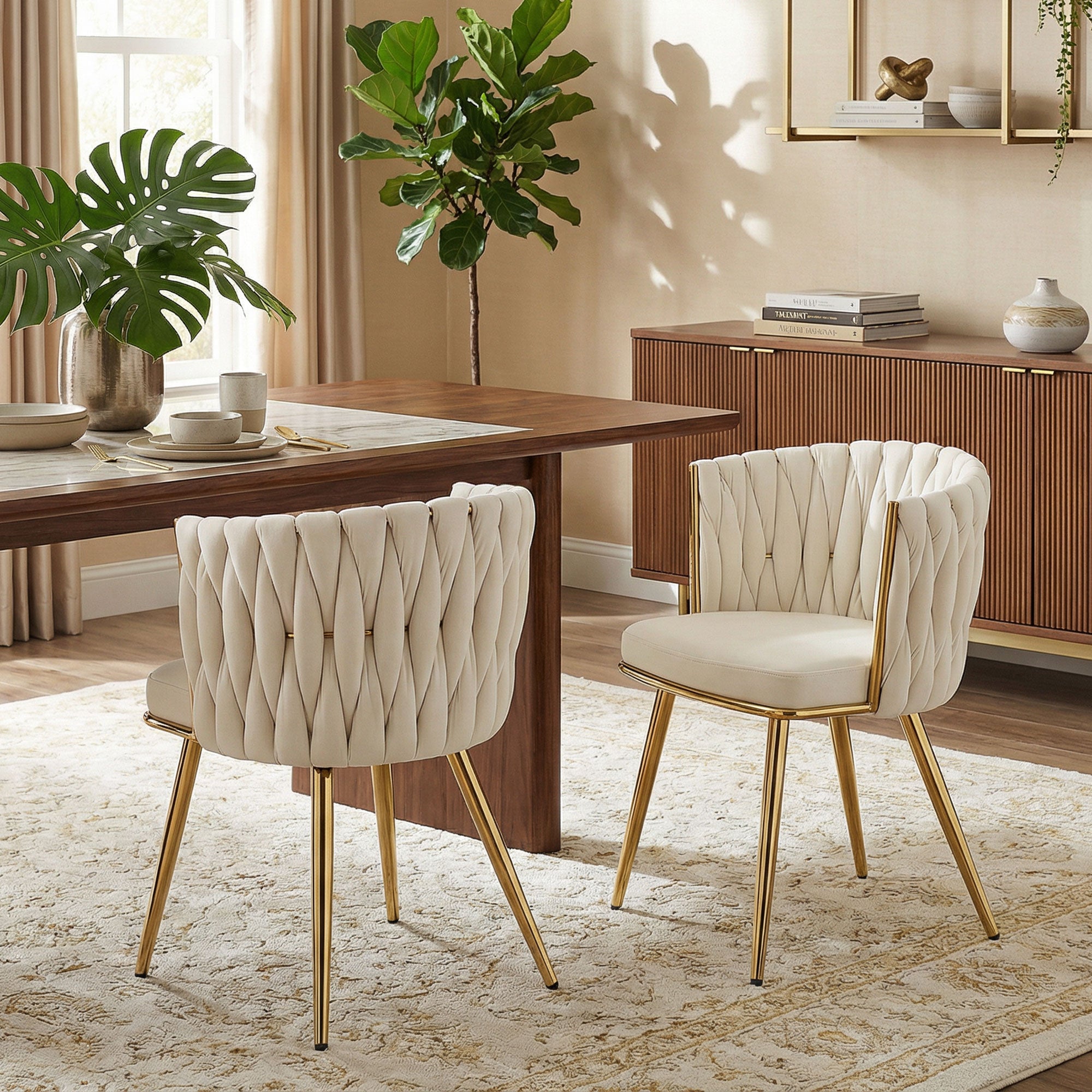 HOMCOM Velvet-Feel Dining Chairs Set of 2, Modern Upholstered Armchair with Knot Design and Golden Metal Legs, Accent Chair for Dining Room, Bedroom, Kitchen, Living Room, Cream 