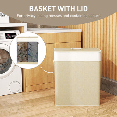 HOMCOM Double Laundry Basket with Lid, 100L Bamboo Laundry Hamper with Rope Handles, Washing Basket with Removable Liner for Bathroom, Bedroom, Cream White 