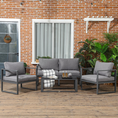 Outsunny 4 Pieces Garden Sofa Set 2 Single Armchair 1 Bench & Side Table Set Aluminium Frame Patio Furniture with Cushions Grey 