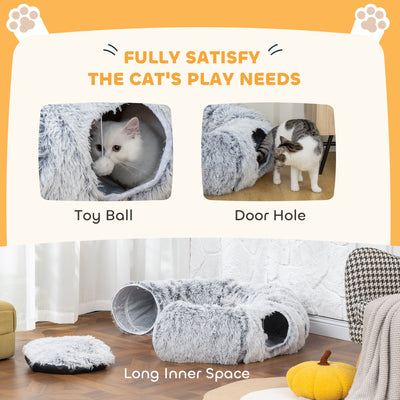 PawHut 2-in-1 Donut Cat Tunnel with Washable Bed, Play Tunnel Bed with Toy Ball and Door Hole for Indoor Cats, Light Grey 