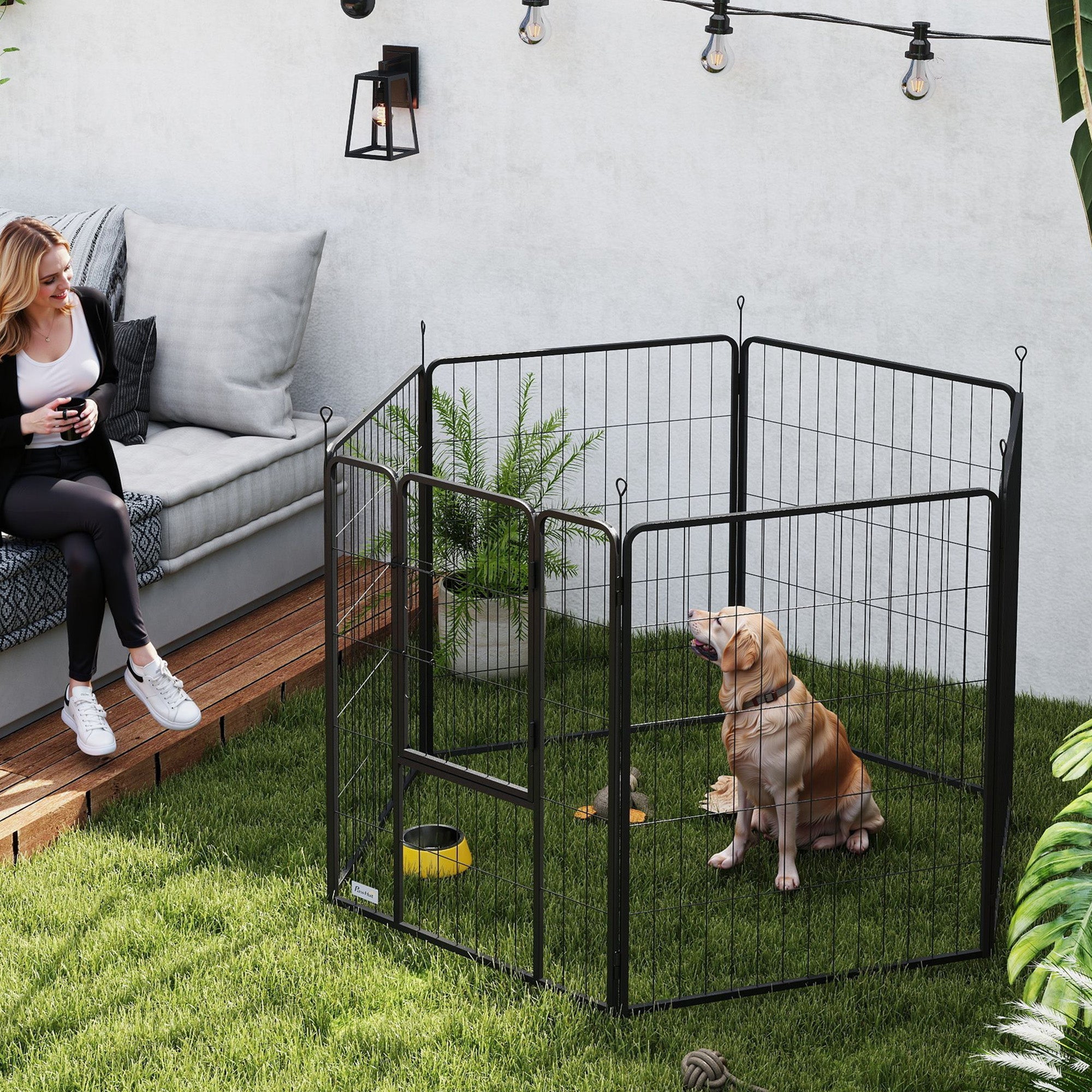 PawHut 6 Panels Dog Playpen, Portable Detachable Puppy Pen with Door, for Large Dogs, 100cm High, Black 