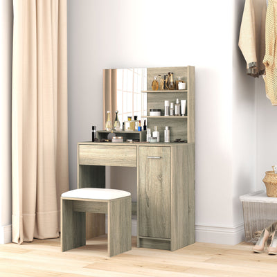 HOMCOM Dressing Table and Stool Set, with Storage - Natural Wood Finish