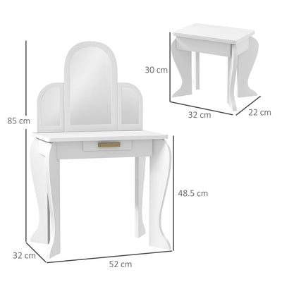 HOMCOM Kids Dressing Table Set, with Mirror and Drawer - White 