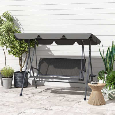 Outsunny 3 Seater Swing Chair, Garden Swing Seat Bench with Adjustable Canopy, Rattan Seat and Steel Frame for Patio, Yard, Grey 