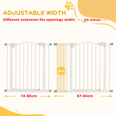PawHut Metal 74-94cm Adjustable Pet Gate Safety Barrier w/ Auto-Close Door White 