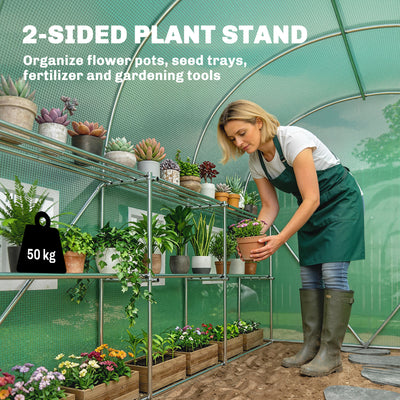 Outsunny Walk-in Greenhouse with Shelves, Polytunnel Greenhouse with Roll-Up Door, 6 Mesh Windows,198 x 275 x 191 cm, Green 