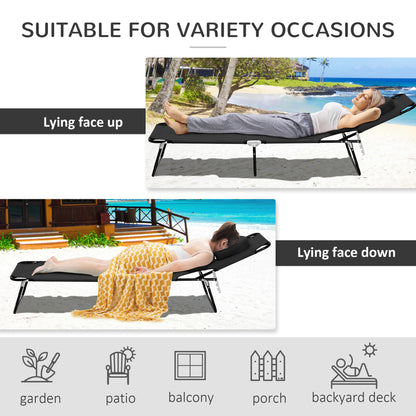 Outsunny Outdoor Foldable Sun Lounger, 4 Level Adjustable Backrest Reclining Sun Lounger Chair with Pillow and Reading Hole, Black 