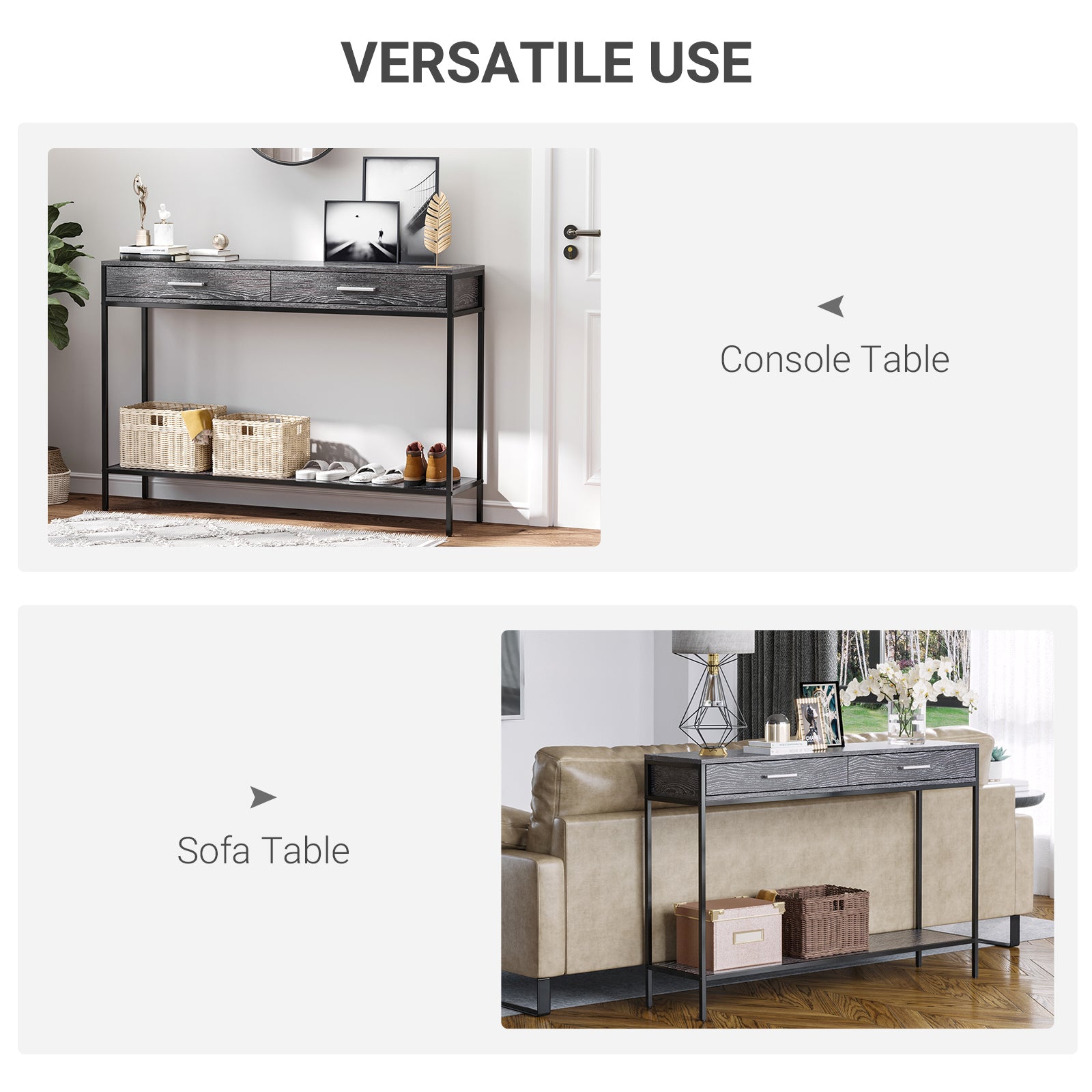 HOMCOM Console Table Worktop Bottom Shelf Home Two Drawer Industrial Minimal Style Grey Wood Tone Effect 