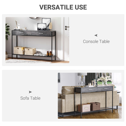 HOMCOM Console Table Worktop Bottom Shelf Home Two Drawer Industrial Minimal Style Grey Wood Tone Effect 