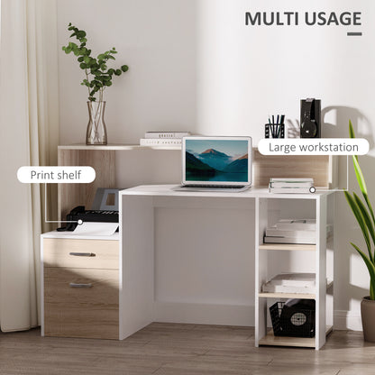 HOMCOM Computer Desk with Drawers and Storage Shelves, Reception Desk, Study Workstation for Home Office, 137 x 55 x 92cm, Oak and White 