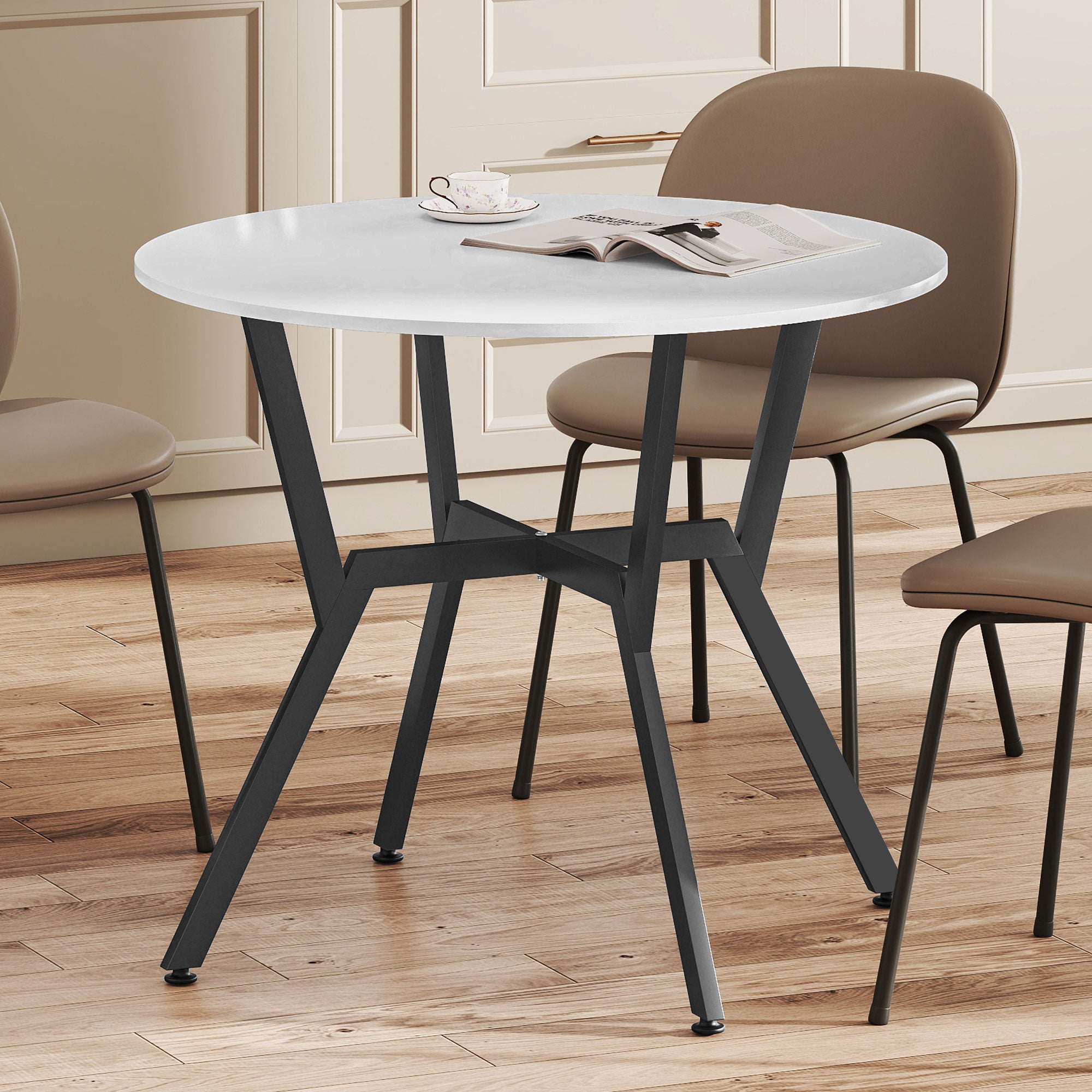 HOMCOM Dining Table, Round Kitchen Table with Black Legs for Living Room, Dining Room 90 x 76 cm, High Gloss White 