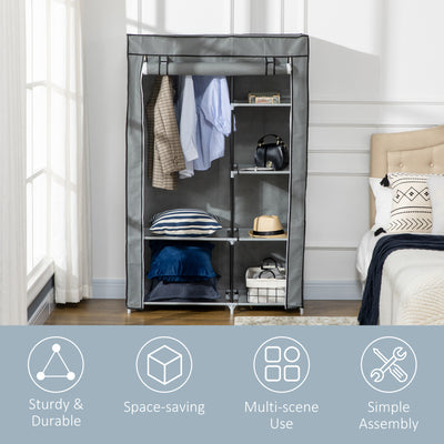 HOMCOM Fabric Wardrobe, Portable Wardrobe with 6 Shelves, 1 Hanging Rail, Foldable Closets, 103 x 43 x 162.5 cm, Light Grey 