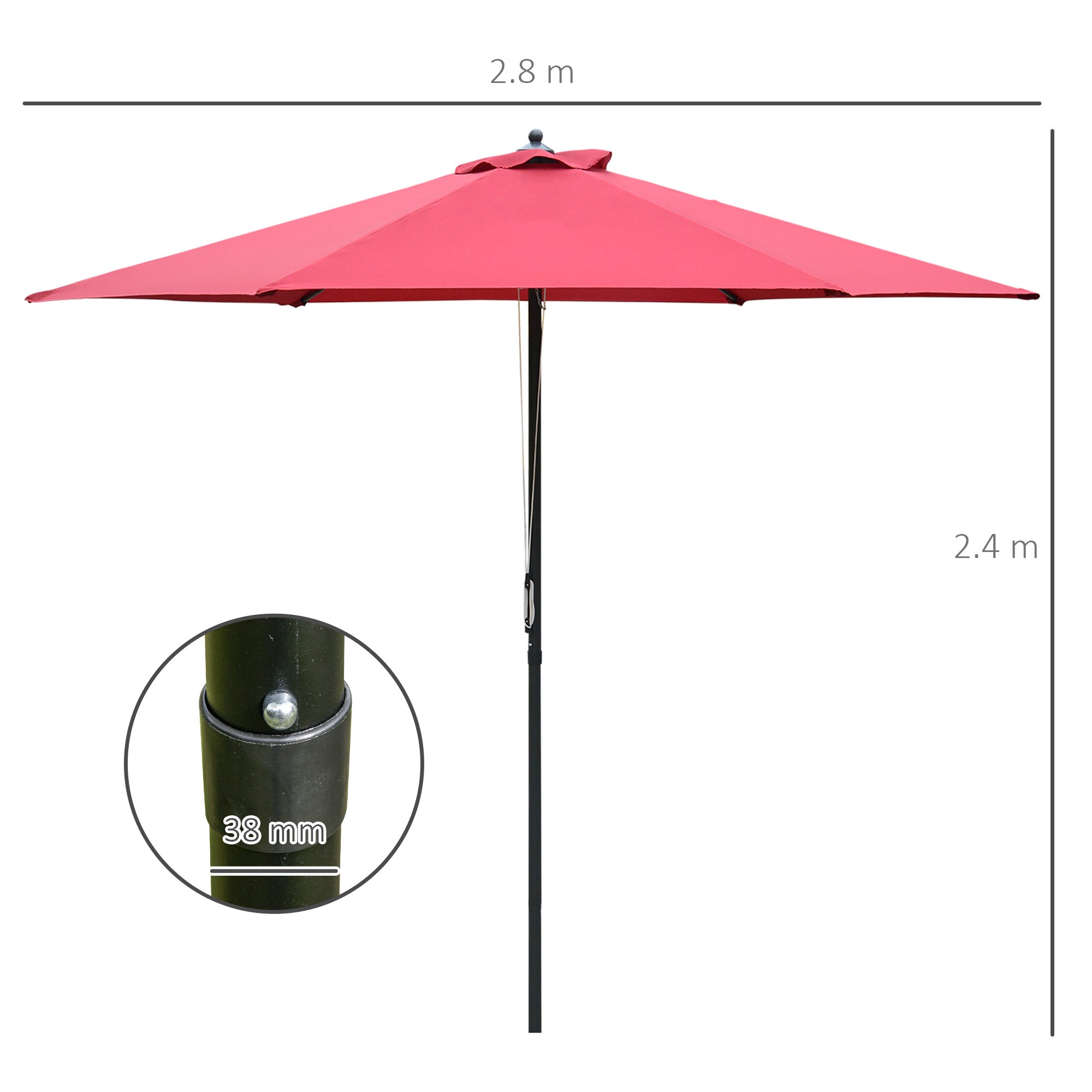 Outsunny 2.8m Garden Parasol Umbrella, Round Outdoor Market Table Umbrella Sun Shade Canopy, Wine Red 