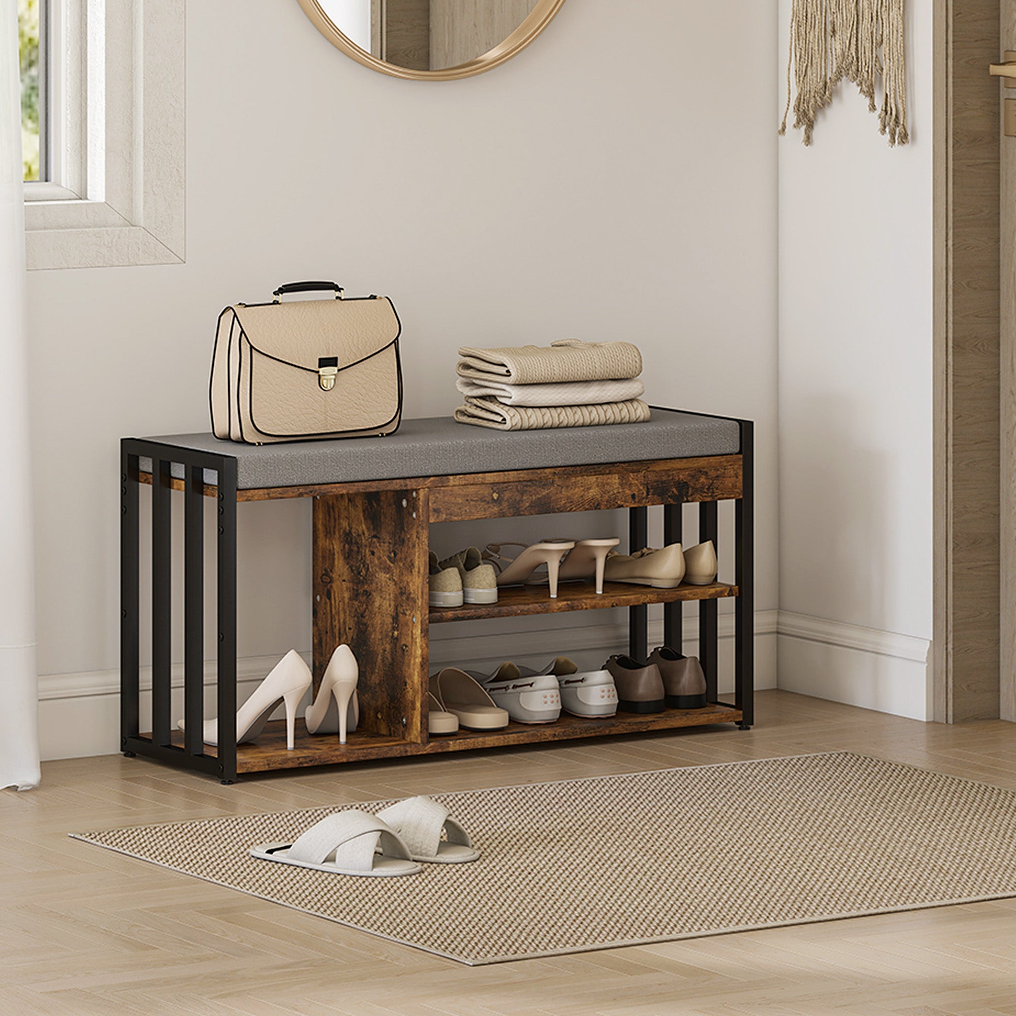 HOMCOM Shoe Storage with Seat, Upholstered Entryway Bench, Shoe Bench with 3 Open Shelves for Hallway, Rustic Brown 
