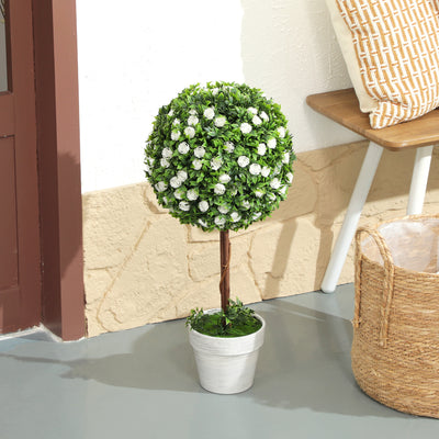 HOMCOM Set of 2 Decorative Artificial Plants, Ball Topiary Tree with Rose Flower in Pot, Fake Plants for Home Indoor Outdoor Decor, 60cm, White 
