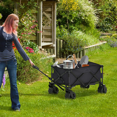 Outsunny Outdoor Folding Garden Trolley on Wheels, Capming Cargo Wagon Cart Trailer w/ Handle, Wheels for Beach Garden, Black 