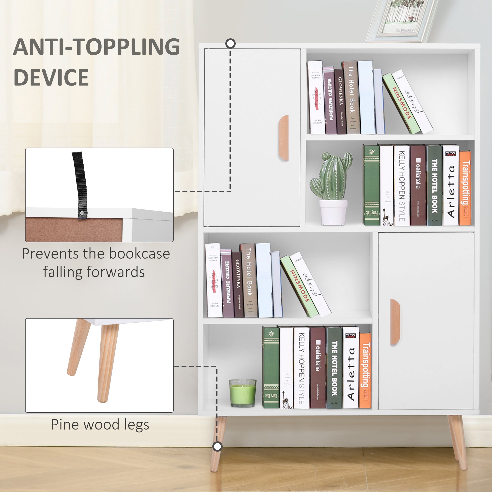 HOMCOM Sideboard Bookshelf Free Standing Bookcase Shelves Unit Display Storage Cabinet w/ Adjustable Shelves, Wooden Leg, Two Doors, White 