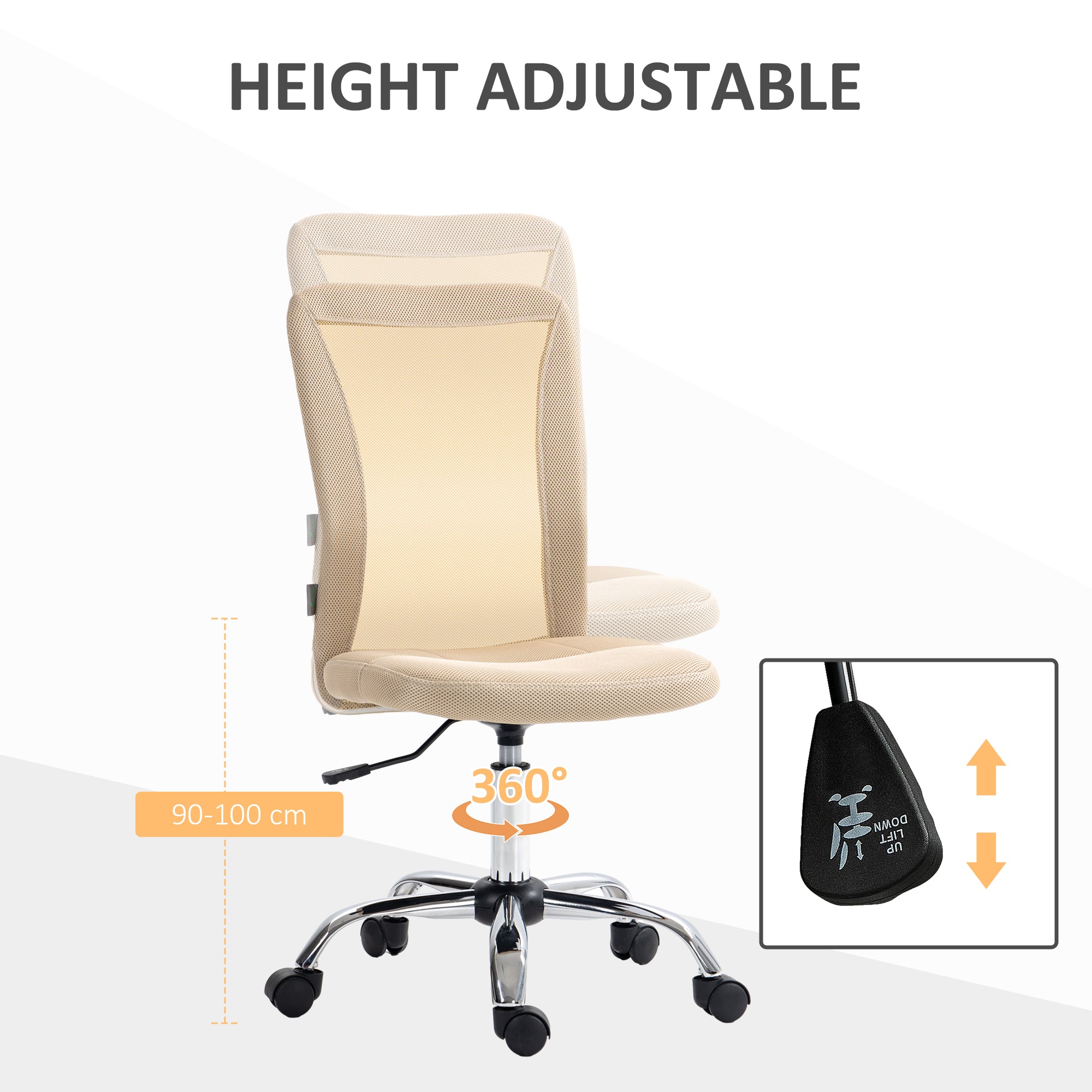 Vinsetto Computer Desk Chair, Mesh Office Chair with Adjustable Height and Swivel Wheels, Armless Study Chair, Beige 