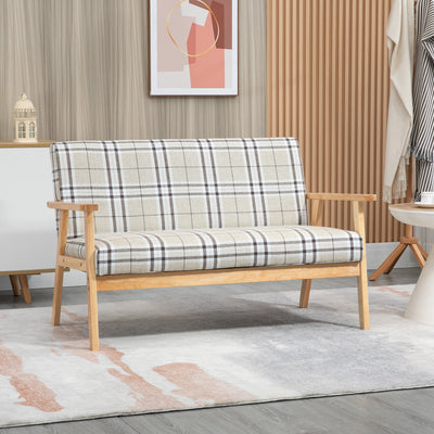 HOMCOM Compact Loveseat Couch Double Seat Sofa with Lattice Pattern and Rubber Wood Frame Beige and Coffee 