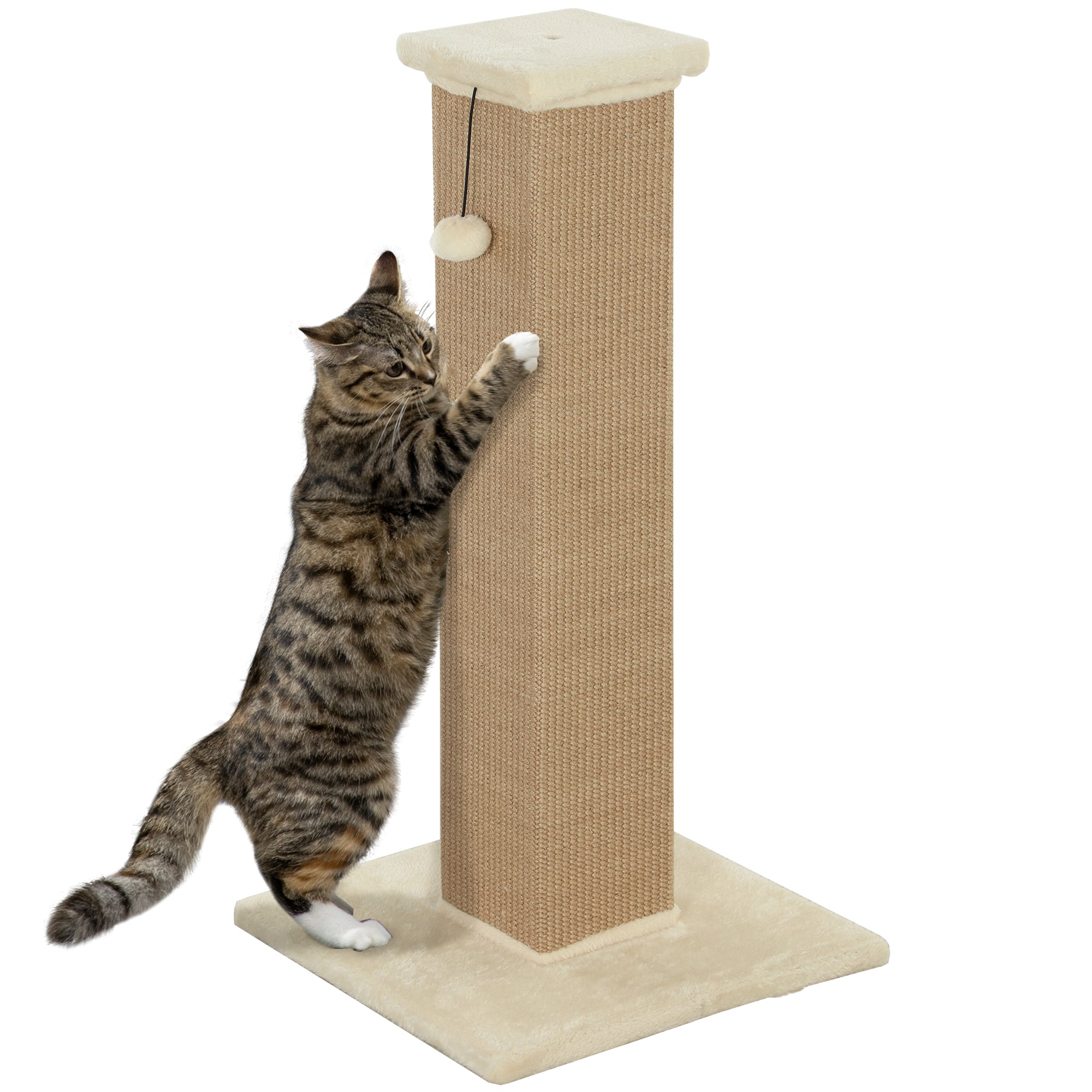 PawHut 81cm Cat Scratcher, Vertical Full Scratcher w/ Natural Jute Rope, Hanging Ball, Soft Plush - Beige 