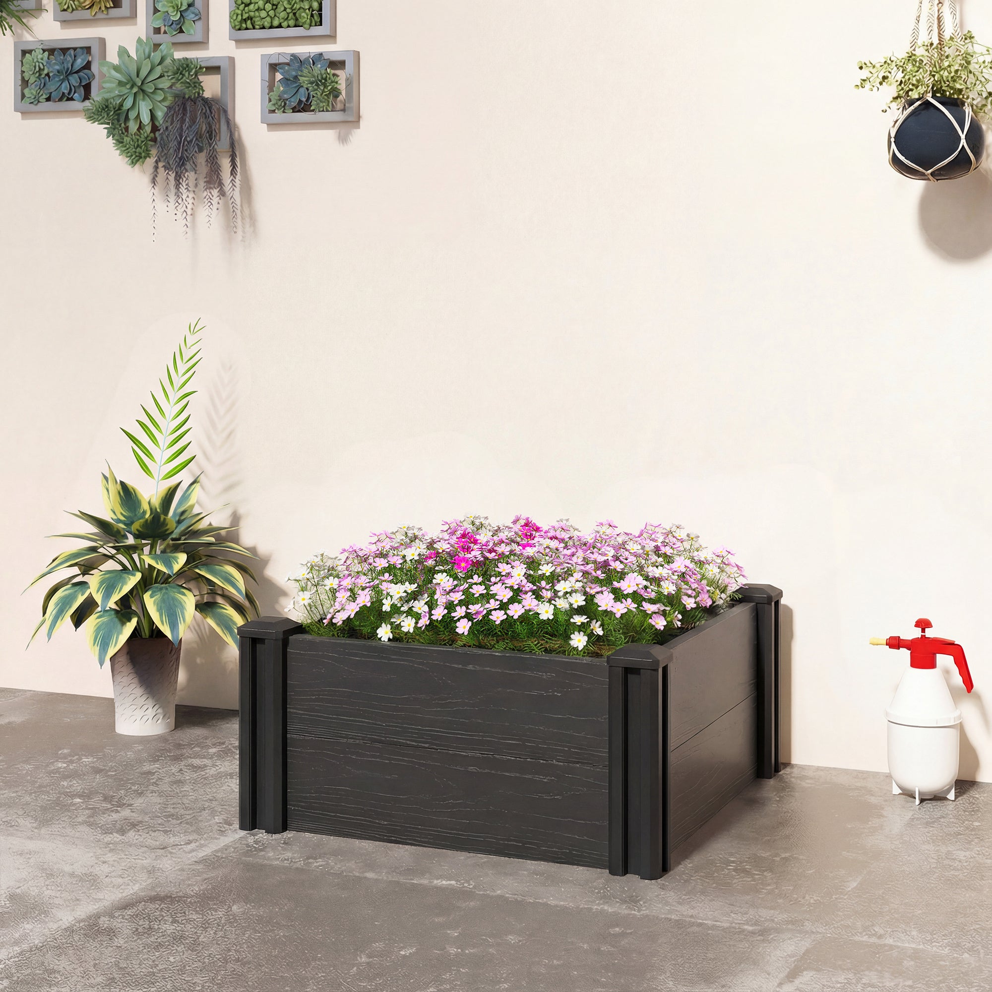 Outsunny Vinyl Raised Garden Bed Kit, 2 x 2 x 1ft Modular Elevated Garden Box with Slotting Legs and Open Bottom, Dark Grey 
