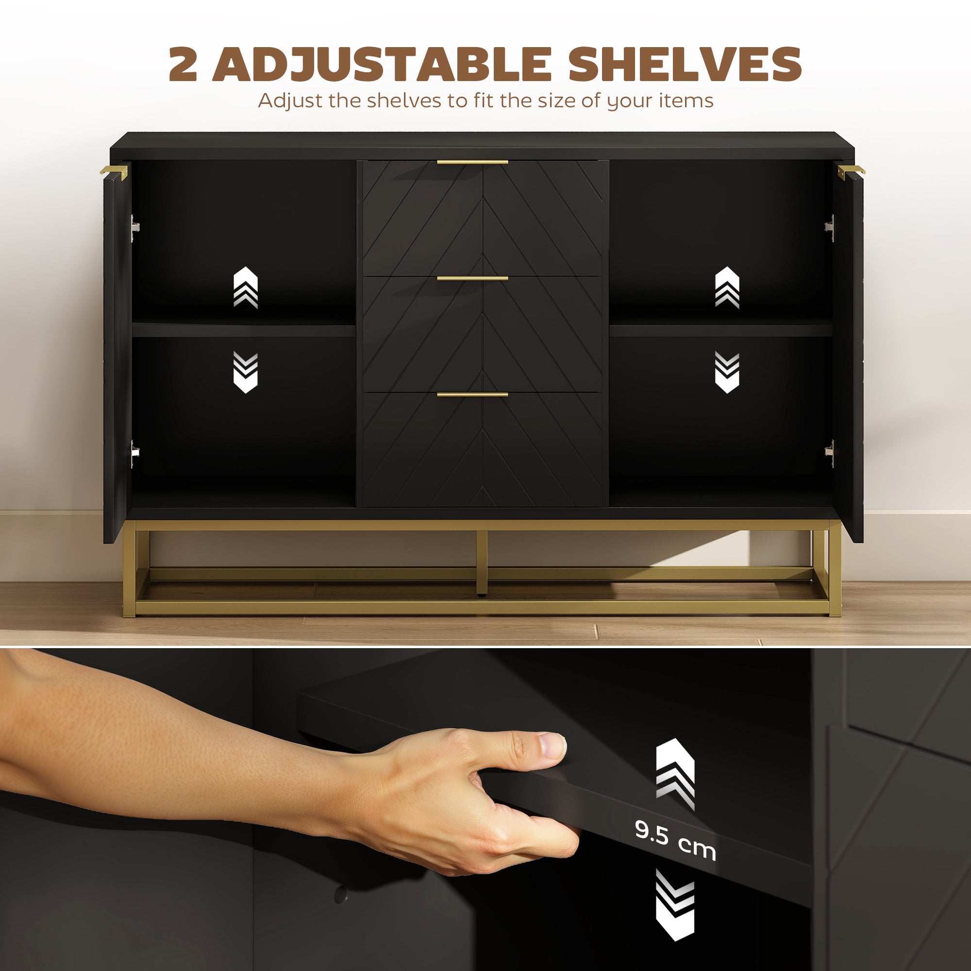 HOMCOM Sideboard with 3 Drawers and Adjustable Shelves for Living Room - Black 