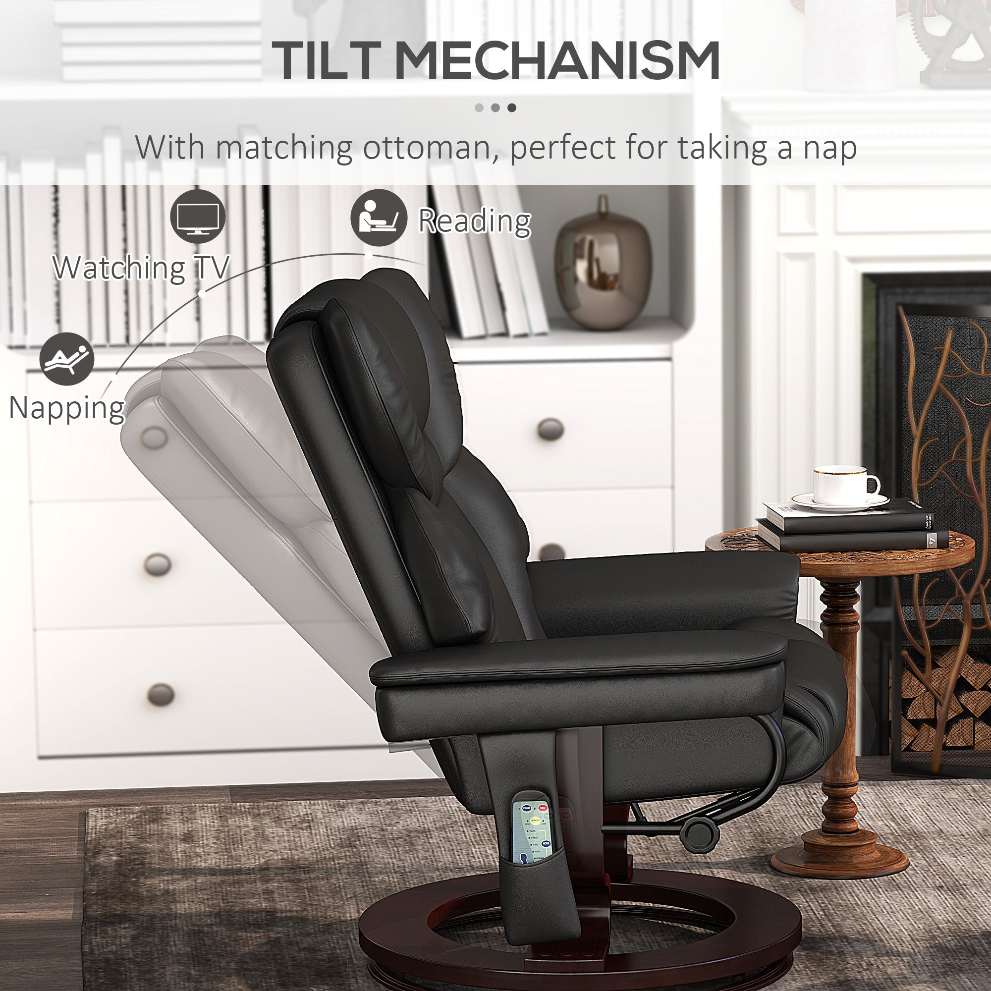 HOMCOM Massage Recliner Chair with Footstool, Upholstered Reclining Armchair with Adjustable Backrest, Steel Frame and Wood Base, Swivel Chair for Living Room, Bedroom, Black 
