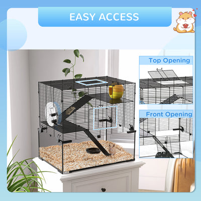PawHut 3 Tiers Hamster Cage, Gerbil Cage with Deep Glass Bottom, Non-Slip Ramps, Platforms, Hut, Exercise Wheels, Water Bottle, Dish, for Syrian Hamster, Dwarf Hamster, 60 x 40 x 57cm 