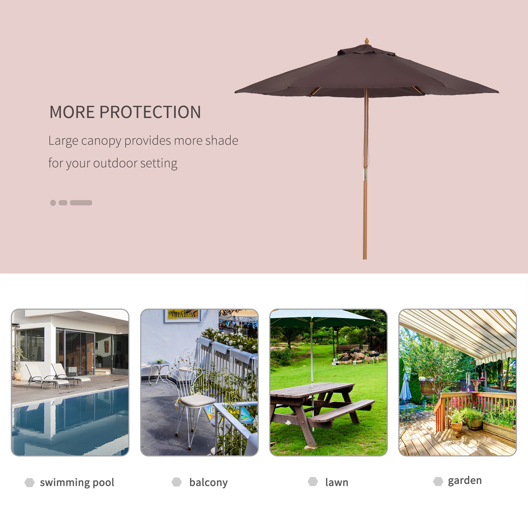 Outsunny 2.5m Wood Garden Parasol Sun Shade Patio Outdoor Wooden Umbrella Canopy Coffee 