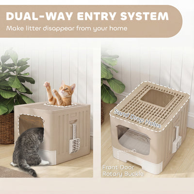 PawHut Cat Litter Box with Lid, Slide-Out Drawer, Scoop, Easy Clean, Odour Control, Anti-Splashing, Khaki 