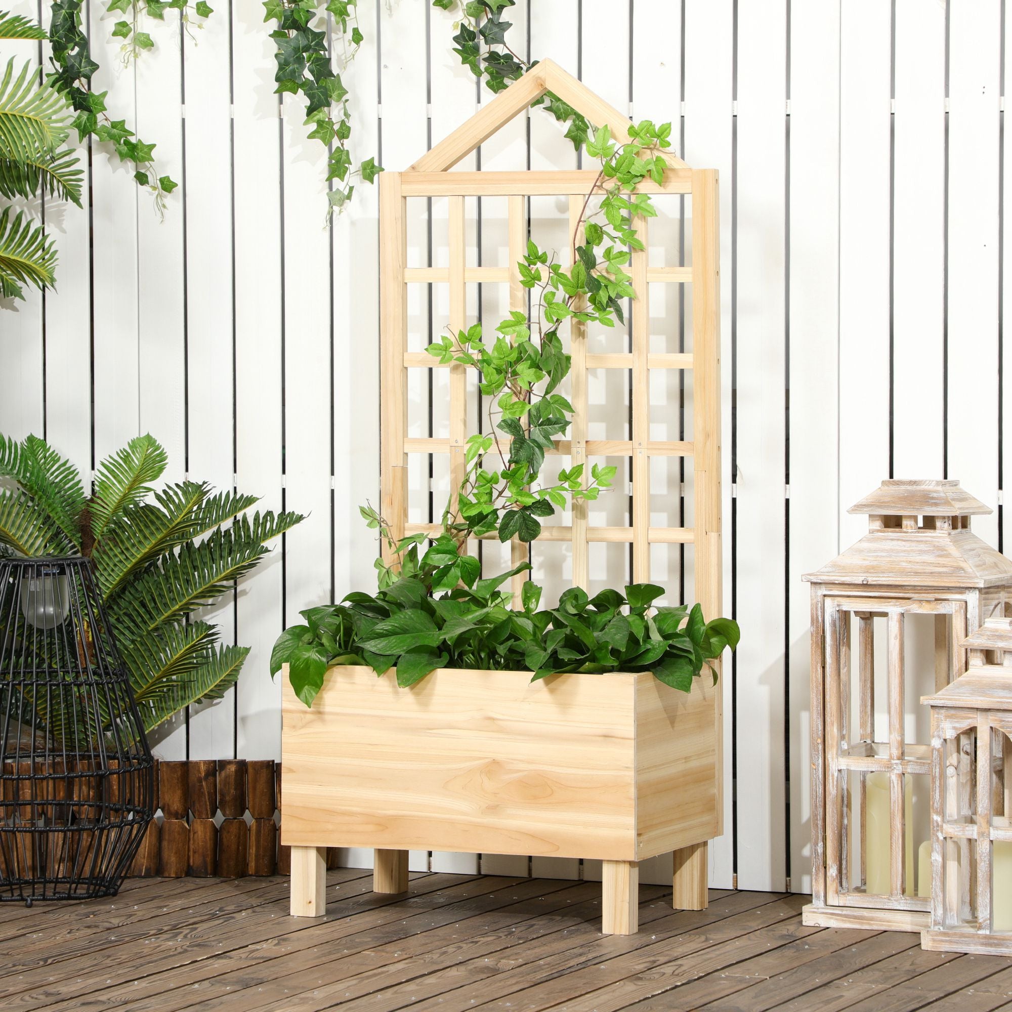 Outsunny Garden Planters with Trellis for Vine Climbing, Distressed Wooden Raised Beds, 90x43x150cm, Natural Tone 