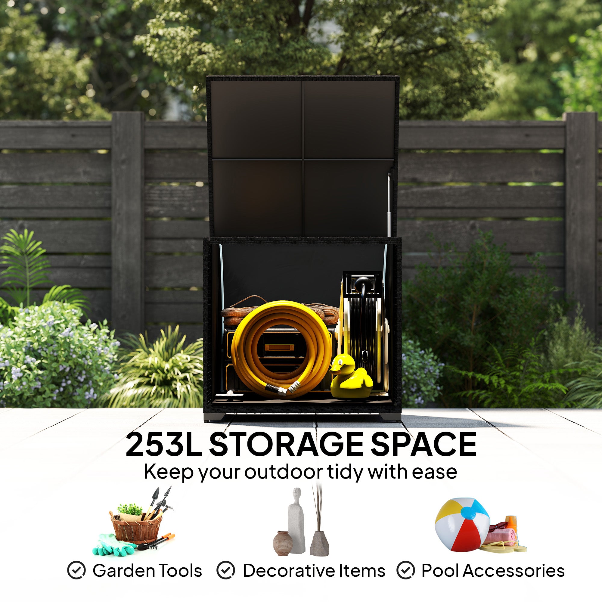 Outsunny 253L Garden Storage Box, Rattan Deck Box with Zipped Liner, Safe Pneumatic Rod, Patio Storage Container, Black 