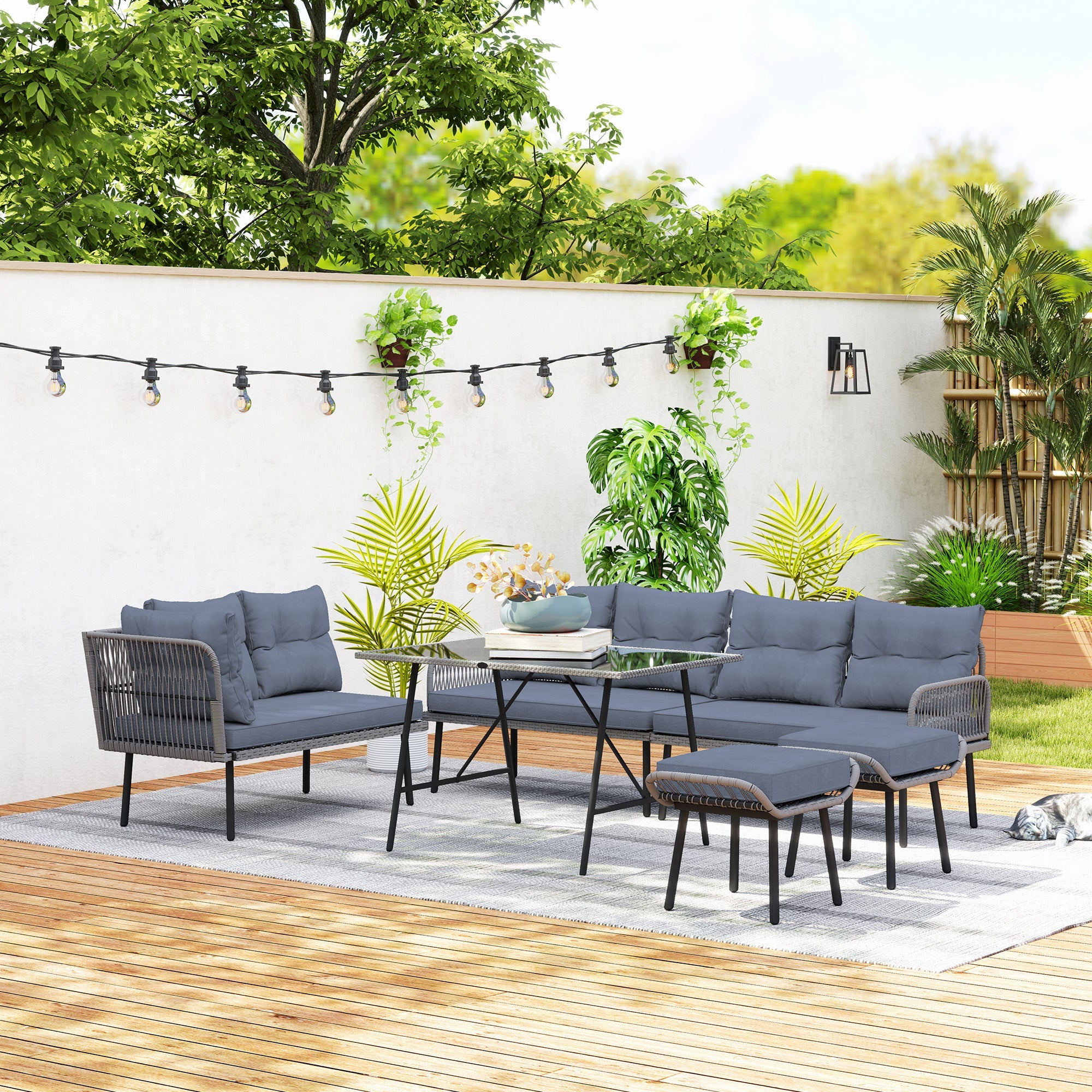 Outsunny 6 Piece Rattan Garden Furniture Set, 8 Seater Garden Corner Sofa with Cushions and Glass Top Table, Sectional Outdoor Furniture Conservatory Set for Patio, Charcoal Grey 