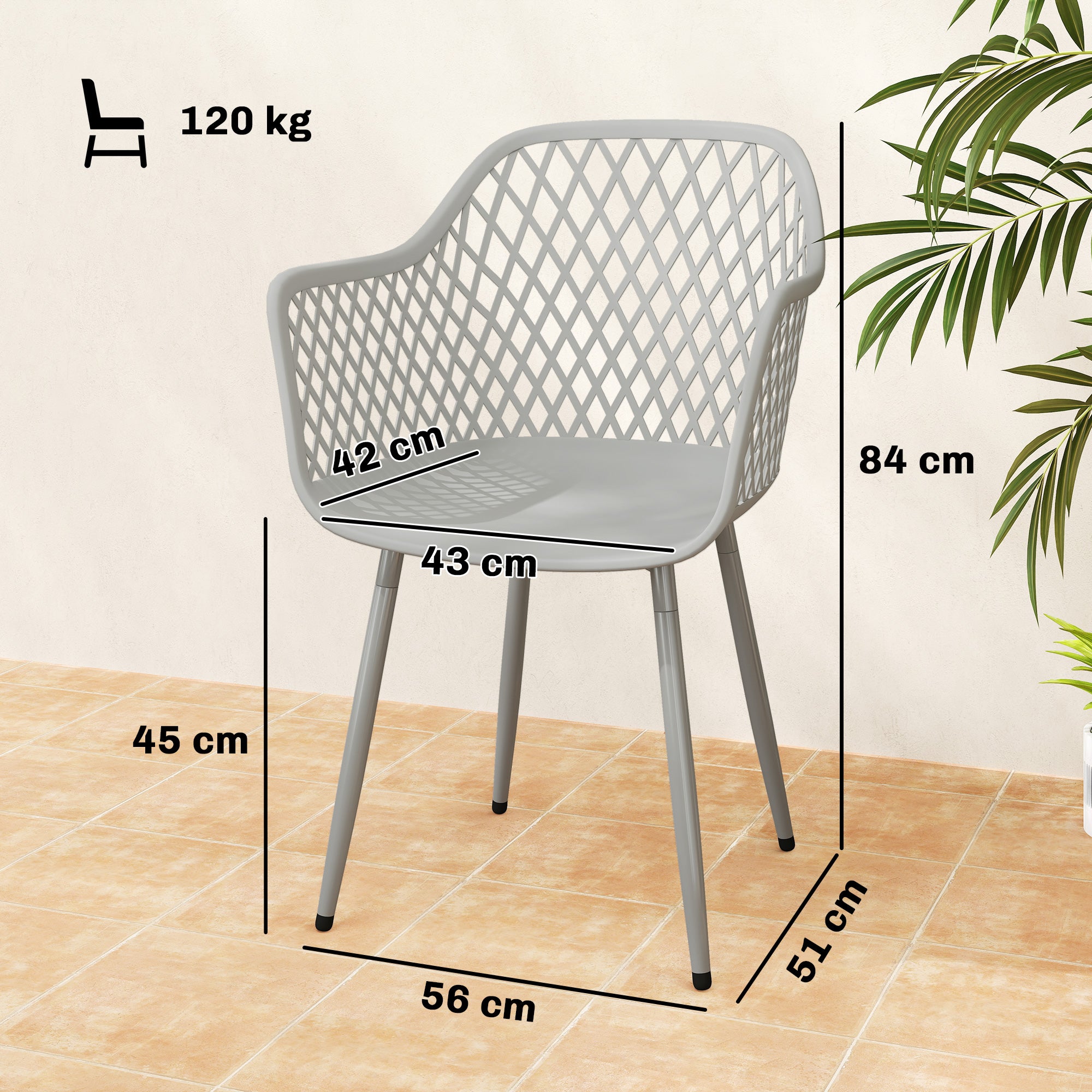 Outsunny Garden Chairs Set of 4, Garden Dining Chairs with Cut Out Diamond Back and Armrests for Patio, Balcony, Terrace, Grey 